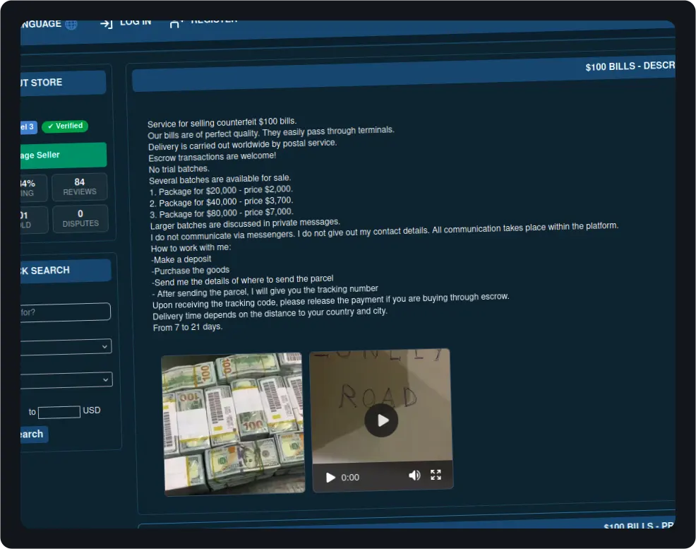 Web interface of an underground marketplace offering fake US dollars.