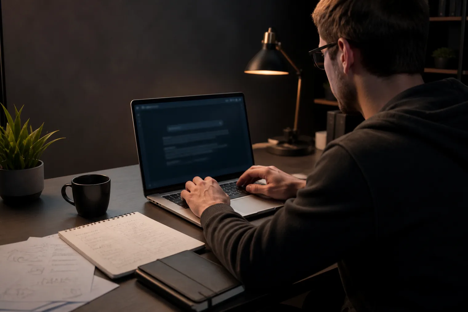researcher with laptop navigating dark web
