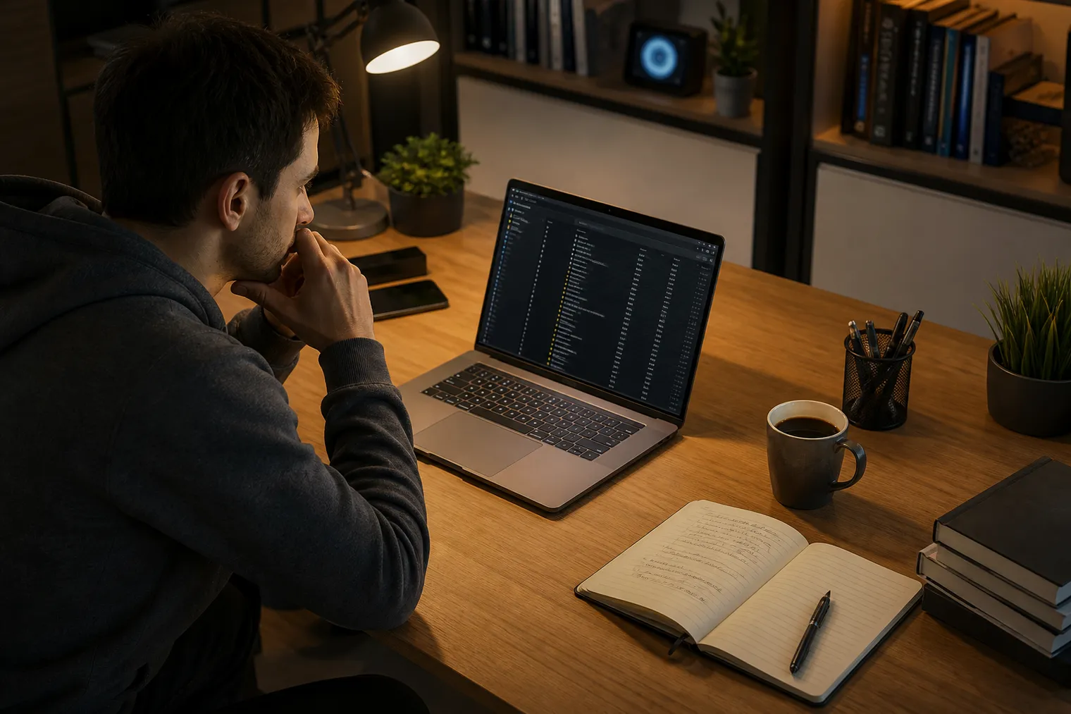 researcher at a desk exploring dark web resources