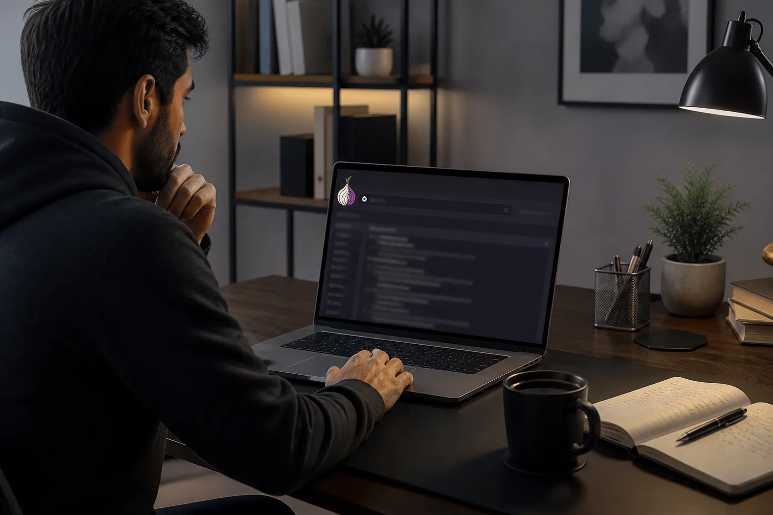 person browsing .onion links in a modern workspace